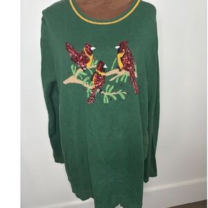 Kim Rogers‎ Curvy 3X Womens Green Cardinal Birds Crew Neck Long Sleeve Sweater